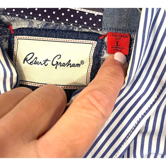 Robert Graham Blue Pinstripe Button Down Shirt Paisley Contrast Size Large - Picture 5 of 13